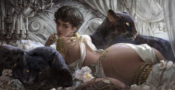 Rule 34 | 1girl, animal, ass, beads, bed, black hair, black panther, brown eyes, canopy bed, commentary, curtains, dark-skinned female, dark skin, ear piercing, earrings, english commentary, finger to mouth, flower, gold choker, highres, jewelry, joowon, looking at viewer, looking back, lying, mold, mole, mole on shoulder, nose piercing, nose ring, on bed, on stomach, original, panther, piercing, short hair, solo, white flower
