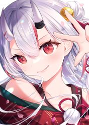 Rule 34 | 1girl, :q, close-up, closed mouth, commentary request, grey hair, haruhitooo, highres, hololive, horns, japanese clothes, kimono, long hair, looking at viewer, multicolored hair, nakiri ayame, nakiri ayame (1st costume), red eyes, red hair, red kimono, skin-covered horns, smile, solo, streaked hair, tongue, tongue out, virtual youtuber, w