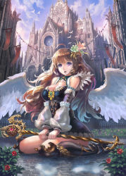 Rule 34 | 1girl, ahoge, angel wings, architecture, bare shoulders, bird, blonde hair, boots, breasts, church, cleavage, cleavage cutout, clothing cutout, cloud, denki, detached sleeves, female focus, flag streamers, flower, flower on head, from below, gothic architecture, hair flower, hair ornament, kneeling, large breasts, long hair, looking at viewer, original, outdoors, pointy ears, puddle, purple eyes, scenery, sky, solo, staff, thigh boots, thighhighs, trefoil, wand, wings