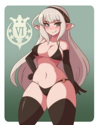 Rule 34 | 1girl, bikini, blush, bra, breasts, elf, female focus, gloves, highres, long hair, covered erect nipples, panties, pointy ears, ridis (voice of cards), solo, square enix, swimsuit, thick thighs, thighs, underwear, vadaboob, voice of cards, voice of cards: the isle dragon roars, white hair