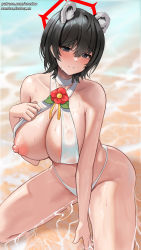 Rule 34 | 1girl, :o, absurdres, animal ears, areola slip, bare shoulders, bikini, bikini pull, black eyes, black hair, blue archive, blush, breasts, choker, clothes pull, flower, halo, highres, large breasts, looking at viewer, nipples, one breast out, onedoo, parted lips, pulling own clothes, raised eyebrows, red flower, short hair, sitting, solo, swimsuit, thighs, tsubaki (blue archive), water, wet, white bikini, white choker
