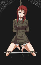 Rule 34 | 1girl, asphyxiation, barefoot, bdsm, bondage, bound, breasts, death, female focus, full body, hanged, highres, jatts, long hair, military, military uniform, minna-dietlinde wilcke, noose, peeing, red hair, solo, strike witches, tears, uniform, world witches series