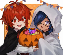 2boys aged_down black_cape blue_hair blush border bow bowtie candy cape cloak collared_shirt commentary_request diluc_(genshin_impact) eyepatch food genshin_impact ghost_costume halloween highres hood hood_up hooded_cloak jack-o&#039;-lantern kaeya_(genshin_impact) looking_at_viewer male_focus multiple_boys open_mouth orange_background polka_dot polka_dot_background purple_eyes red_bow red_bowtie red_eyes red_hair shirt short_hair smile string_of_flags tofu_(bean359) twitter_username upper_body vampire_costume white_background white_cloak white_shirt wrapped_candy