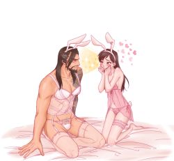 Rule 34 | 1boy, 1girl, animal ears, arm tattoo, babydoll, bad id, bad pixiv id, black hair, blush, breasts, bridal garter, brown hair, crossdressing, d.va (overwatch), ecila, embarrassed, facial hair, fake animal ears, garter belt, garter straps, goatee, hair down, hands on own face, hanzo (overwatch), heart, heart-shaped pupils, hetero, highres, kneeling, lingerie, long hair, male pubic hair, navel, negligee, nose, overwatch, overwatch 1, panties, pectorals, pubic hair, rabbit ears, rabbit tail, see-through, sitting, small breasts, sparkle, symbol-shaped pupils, tail, tan, tattoo, thighhighs, underwear, underwear only