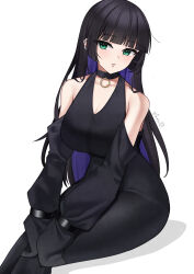 Rule 34 | 1girl, absurdres, bare shoulders, black choker, black dress, black hair, blunt bangs, bocchi the rock!, breasts, chin piercing, choker, cleavage, colored inner hair, detached sleeves, dress, ear piercing, green eyes, highres, large breasts, multicolored hair, nassss, pa-san, parted lips, piercing, purple hair, simple background, sitting, sleeves past wrists, solo, two-tone hair, white background