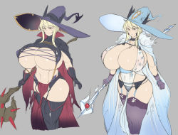 Rule 34 | 1girl, adapted costume, artoria pendragon (fate), artoria pendragon (lancer alter) (fate), artoria pendragon (lancer alter) (royal icing) (fate), black gloves, black horns, black legwear, blonde hair, braid, breasts, cape, cleavage, cloak, cowboy shot, curvy, fate/grand order, fate (series), female focus, fur trim, garter straps, gigantic breasts, gloves, grey background, hat, highres, hirasawa seiji, holding, holding staff, horns, horns through headwear, huge breasts, impossible clothes, loincloth, long hair, looking at viewer, multiple girls, multiple persona, navel, official alternate costume, platinum blonde hair, plump, revealing clothes, see-through, shiny clothes, shiny skin, sidelocks, skindentation, staff, standing, thick thighs, thighs, underboob, unfinished, wide hips, witch hat, wizard, wizard hat