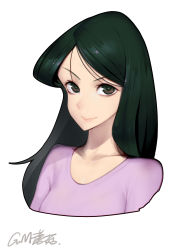 Rule 34 | &gt;:), 1girl, absurdres, black hair, brown eyes, closed mouth, collarbone, commentary request, crayon shin-chan, female focus, gorgeous mushroom, highres, long hair, looking at viewer, matsuzaka ume, portrait, purple sweater, signature, simple background, smile, solo, sweater, v-shaped eyebrows, white background