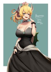 Rule 34 | 1girl, absurdres, armlet, artist name, bare shoulders, black dress, blonde hair, blue eyes, bowsette, bracelet, breasts, character name, cleavage, collar, collarbone, covered navel, dated, dress, earrings, hand on own cheek, hand on own face, highres, horns, jewelry, large breasts, mario (series), mmlyno, new super mario bros. u deluxe, nintendo, open mouth, pointy ears, ponytail, sharp teeth, shell, skirt hold, smile, solo, spiked armlet, spiked bracelet, spiked collar, spikes, strapless, strapless dress, super crown, teeth, thick eyebrows