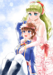 Rule 34 | 2girls, :d, bad id, bad pixiv id, blonde hair, blue eyes, blush, boots, bow, brown hair, dress, elbow gloves, gloves, green eyes, hair bow, hand on another&#039;s cheek, hand on another&#039;s chest, hand on another&#039;s face, hand on another&#039;s shoulder, jenny dolittle, knee boots, long hair, looking down, looking up, lynn lambretta, miniskirt pirates, multiple girls, mutou mato, open mouth, short hair, smile, uniform, wide ponytail, yuri