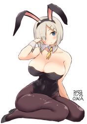 Rule 34 | 1girl, alternate costume, animal ears, artist name, black leotard, blue eyes, blush, bow, bowtie, breasts, brown pantyhose, covered navel, dated, detached collar, eyes visible through hair, fake animal ears, grey hair, hair ornament, hair over one eye, hairclip, hamakaze (kancolle), highleg, highleg leotard, highres, kantai collection, large breasts, leotard, looking at viewer, owa (ishtail), pantyhose, playboy bunny, rabbit ears, short hair, sitting, solo, strapless, strapless leotard, white background, wrist cuffs