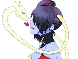 Rule 34 | 1girl, akikan (0272), blue skin, colored skin, hair over one eye, heart, leviathan (skullgirls), long hair, purple hair, side ponytail, skullgirls, smile, squigly (skullgirls), stitched mouth, stitches, zombie