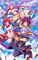 Rule 34 | 10s, 1boy, 3girls, card, halo, jibril (no game no life), long hair, looking at viewer, multiple girls, navel, no game no life, open mouth, peach88, purple hair, red eyes, red hair, school uniform, serafuku, shiro (no game no life), short hair, silver hair, sky, smile, sora (no game no life), stephanie dora, thighhighs, upside-down, white wings, wings