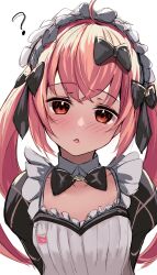 Rule 34 | 1girl, ?, absurdres, ahoge, black bow, black bowtie, black sleeves, bow, bowtie, cocoa (nikke), collarbone, detached collar, goddess of victory: nikke, hair bow, head tilt, highres, kurono suzuran, long hair, looking at viewer, maid, maid headdress, pink hair, red eyes, simple background, sketch, solo, triangle mouth, twintails, upper body, white background, wing collar