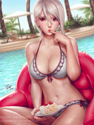 Rule 34 | 10s, 1girl, beach umbrella, bikini, blurry, bow, bow bikini, breasts, cake, care (petscop), chair, cleavage, collarbone, day, depth of field, eyelashes, finger in own mouth, finger sucking, food, food on face, frilled bikini, frills, fruit, hair between eyes, halterneck, highres, icing, inflatable chair, large breasts, lips, lounge chair, nakiri alice, navel, outdoors, palm tree, plate, pool, realistic, red eyes, sciamano240, shokugeki no souma, short hair, silver hair, sitting, solo, stomach, strawberry, strawberry shortcake, swimsuit, tree, umbrella, water, watermark, web address, wet, white bikini