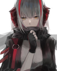 Rule 34 | 1girl, adjusting scarf, antenna hair, arknights, black gloves, black jacket, black scarf, breasts, commentary, demon horns, english commentary, fingerless gloves, gloves, grey hair, grey shirt, hair between eyes, hand up, highres, horns, jacket, long hair, medium breasts, open clothes, open jacket, red hair, scarf, shirt, simple background, solo, thinking, upper body, w (arknights), white background, yaruyan, yellow eyes