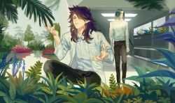 Rule 34 | 2boys, black hair, black pants, coat, collared shirt, fengxi (the legend of luoxiaohei), hair over one eye, highres, leaf, long hair, long sleeves, multiple boys, pants, plant, pointy ears, reflection, shirt, shirt tucked in, luo xiaohei zhanji, white coat, white shirt, wuxian (the legend of luoxiaohei), youayou180