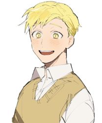 Rule 34 | 1boy, alphonse elric, arms at sides, beige vest, blonde hair, blush, close-up, collared shirt, commentary request, contemporary, cu churain, dress shirt, fullmetal alchemist, happy, highres, jitome, korean commentary, looking away, male focus, open mouth, school uniform, shaded face, shirt, simple background, smile, standing, teeth, tongue, uniform, upper body, upper teeth only, vest, white background, white shirt, yellow eyes