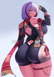 Rule 34 | 1girl, ass, ass focus, bare shoulders, blue eyes, blush, breasts, butt crack, detached sleeves, from behind, gloves, highres, honkai: star rail, honkai (series), huge ass, jadenkaiba, large breasts, leotard, looking at viewer, multicolored hair, red hair, scarf, short hair, short shorts, shorts, sideboob, smile, solo, thick thighs, thigh strap, thighs, topaz (honkai: star rail), two-tone hair, white hair