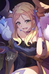 Rule 34 | 1girl, :d, absurdres, adjusting hair, black choker, blonde hair, blue dress, choker, cup, dress, genjitsu no yohane, gloves, highres, holding, holding cup, horns, long hair, looking at viewer, love live!, love live! sunshine!!, mari (genjitsu no yohane), ohara mari, open mouth, parted bangs, purple gloves, side slit, signature, sitting, sleeveless, sleeveless dress, smile, solo, yatoroku, yellow eyes
