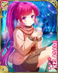 Rule 34 | 1girl, asami kei, brown dress, card (medium), character name, closed mouth, coffee, dress, girlfriend (kari), lights, night, night sky, official art, outdoors, pink eyes, pink hair, ponytail, qp:flapper, red scarf, scarf, sitting, sky, smile, solo, sweater, tagme, tree, winter clothes