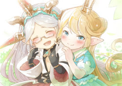 Rule 34 | 2girls, :d, ^ ^, black gloves, blonde hair, blue eyes, blush, bracelet, charlotta (granblue fantasy), closed eyes, commentary request, crown, dress, elbow gloves, closed eyes, facing viewer, female focus, glasses, gloves, granblue fantasy, green dress, hairband, hands on another&#039;s shoulders, happy, harvin, jewelry, long hair, looking at viewer, multiple girls, open mouth, outdoors, pointy ears, puffy short sleeves, puffy sleeves, ring, semi-rimless eyewear, short sleeves, silver hair, smile, under-rim eyewear, upper body, very long hair, walkalone, wide sleeves, zahlhamelina