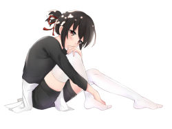 Rule 34 | 10s, 1girl, apron, black hair, black shirt, blouse, blush, breasts, brown eyes, casual, closed mouth, from side, full body, hair ribbon, hand on own knee, highres, kimi no na wa., knees up, looking at viewer, medium breasts, miyamizu mitsuha, ponytail, red ribbon, ribbon, shirt, short hair, shorts, sidelocks, simple background, sitting, solo, stardust (chen&#039;ai weiding), thighhighs, waist apron, white background, white thighhighs