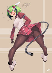 Rule 34 | 10s, 1girl, android, ass, bent over, blush, brown hair, brown pantyhose, cable, cable tail, dimension w, flying sweatdrops, green eyes, green hair, headgear, highres, jjune, juliet sleeves, long sleeves, looking back, matching hair/eyes, mechanical tail, open mouth, pantyhose, plug, puffy sleeves, shirt, skirt, solo, spoken blush, tail, upskirt, vest, wavy mouth, yurizaki mira