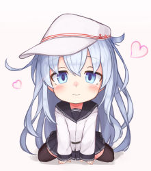 Rule 34 | 1girl, arm support, bad id, bad pixiv id, black thighhighs, blue eyes, blush, chibi, closed mouth, commentary request, flat cap, hair between eyes, hammer and sickle, hat, heart, hibiki (kancolle), kantai collection, long hair, looking at viewer, pleated skirt, reitou mikan, sailor collar, school uniform, serafuku, silver hair, simple background, sitting, skirt, smile, solo, star (symbol), thighhighs, verniy (kancolle), white background, white hat