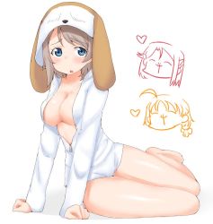Rule 34 | 3girls, ahoge, animal hood, bare legs, barefoot, blood, blue eyes, blush, braid, breasts, brown hair, cleavage, cosplay, full body, grey hair, hair ornament, hairclip, heart, hood, large breasts, long sleeves, looking at viewer, love live!, love live! sunshine!!, multiple girls, no bra, no pants, nosebleed, open clothes, open mouth, open shirt, paw pose, sakurauchi riko, shiitake (love live! sunshine!!), shiitake (love live! sunshine!!) (cosplay), shirt, short hair, side braid, simple background, sitting, takami chika, unzipped, watanabe you, white background, yajiming, zipper