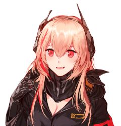 Rule 34 | 1girl, armband, black gloves, blush, fangs, girls&#039; frontline, gloves, hair between eyes, hand up, headgear, jacket, long hair, looking at viewer, m4 sopmod ii (girls&#039; frontline), multicolored hair, open mouth, pink hair, prosthesis, prosthetic arm, red eyes, scarf, sidelocks, silence girl, simple background, smile, solo, streaked hair, white background