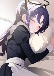 Rule 34 | 1girl, alternate costume, apron, black dress, black halo, blue archive, blue hair, blush, closed eyes, closed mouth, dress, halo, highres, hugging object, juliet sleeves, long hair, long sleeves, maid apron, on bed, parted bangs, pillow, pillow hug, puffy sleeves, solo, touyou (39kir), triangle hair ornament, two side up, upper body, waist apron, white apron, yuuka (blue archive)