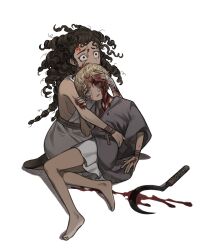 Rule 34 | 1boy, 1girl, absurdres, bandaged arm, bandages, bare legs, bare shoulders, barefoot, black eyes, black hair, blonde hair, blood, blood on clothes, blood on face, blood on ground, blood on hands, bloody weapon, breasts, brother and sister, child, covered mouth, crying, curly hair, dark-skinned female, dark skin, despair, dress, dying, facial mark, facial tattoo, fine art parody, forehead mark, grey cloak, hand on another&#039;s arm, hand on another&#039;s face, hand up, highres, hug, injury, ivan the terrible and his son ivan, long hair, looking ahead, looking up, lying, medium breasts, multi-tied hair, napal (ve xillum), original, parody, ringlets, robe, sash, scythe, seiza, short hair, siblings, sideboob, simple background, sitting, tattoo, toga, twisted torso, weapon, white background, white dress, white robe, wrist wrap