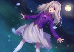 Rule 34 | 1girl, ascot, blush, breasts, fate/stay night, fate (series), full moon, gyatto624, hair between eyes, highres, illyasviel von einzbern, long hair, long sleeves, looking at viewer, moon, night, night sky, open mouth, purple shirt, red eyes, shirt, sidelocks, skirt, sky, small breasts, smile, solo, white hair, white skirt
