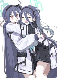 Rule 34 | &lt;key&gt; (blue archive), 2girls, absurdly long hair, aris (blue archive), black hair, black hairband, black skirt, blue archive, blue necktie, blush, closed eyes, green halo, hairband, halo, highres, jacket, long hair, long sleeves, multiple girls, necktie, nifuji, one side up, open mouth, pleated skirt, red eyes, simple background, skirt, smile, very long hair, white background, white jacket