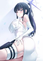 Rule 34 | 1girl, absurdres, ass, black hair, blue archive, blue eyes, blue halo, blush, breasts, closed mouth, domodomo0708, dress, elbow gloves, gloves, halo, hand on own thigh, highres, knife sheath, large breasts, long hair, looking at viewer, official alternate costume, saori (blue archive), saori (dress) (blue archive), sheath, solo, strapless, strapless dress, white dress, white gloves