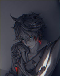 Rule 34 | 1boy, arm up, bleeding, blood, blood on face, blue eyes, closed mouth, collarbone, crack, cracked mask, cropped, earrings, eyes visible through hair, genshin impact, greyscale, hair between eyes, hanayaka, highres, injury, jewelry, male focus, mask, mask on head, unworn mask, monochrome, nosebleed, single earring, solo, spot color, tartaglia (genshin impact), torn, torn clothes, upper body