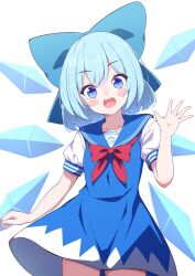 Rule 34 | 1girl, :d, absurdres, adapted costume, arm at side, blue bow, blue eyes, blue hair, blue sailor collar, blush stickers, bow, bright pupils, cirno, commentary, cowboy shot, darumoon, dress, eyelashes, hair bow, hand up, happy, head tilt, highres, huge bow, number print, open hand, open mouth, puffy short sleeves, puffy sleeves, red bow, sailor collar, sailor dress, short hair, short sleeves, simple background, smile, solo, teeth, touhou, upper teeth only, waving, white background