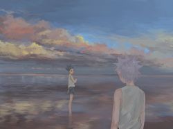 Rule 34 | 2boys, bad id, bad twitter id, black hair, black shorts, cloud, evening, gon freecss, grey hair, highres, hunter x hunter, killua zoldyck, male focus, multiple boys, outdoors, partially submerged, reflection, scenery, shorts, sky, spiked hair, standing, tank top, toripippi 7, water, white tank top