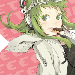 Rule 34 | 1girl, bad id, bad pixiv id, doughnut, food, glasses, green eyes, green hair, gumi, headphones, matching hair/eyes, mouth hold, pink background, scarf, sidelocks, solo, teeth, vocaloid, yoshito