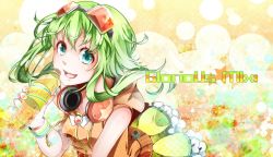 Rule 34 | 1girl, bad id, bad pixiv id, bottle, fingernails, goggles, goggles on head, green eyes, green hair, gumi, headphones, headphones around neck, highres, looking at viewer, matching hair/eyes, nail polish, nou (nounknown), open mouth, red-tinted eyewear, short hair, smile, soda, solo, tinted eyewear, vocaloid