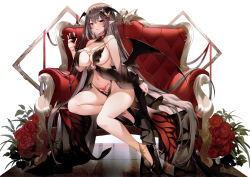 Rule 34 | 1girl, absurdres, bat wings, black footwear, black wings, blush, breasts, brown hair, butterfly hair ornament, couch, cup, drinking glass, eyes visible through hair, fang, foot out of frame, full body, hair between eyes, hair ornament, head wings, high heels, highres, holding, holding cup, large breasts, legs, long hair, looking at viewer, nail polish, navel, on couch, open mouth, original, parted lips, pointy ears, pubic tattoo, red eyes, red nails, scan, simple background, sitting, skin fang, smile, solo, sora 72-iro, tattoo, thighs, very long hair, white background, wings