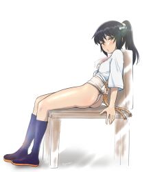 Rule 34 | 1girl, absurdres, ass, black hair, blush, breasts, brown eyes, chair, fundoshi, girls und panzer, highres, hiyama yuu (wee259hiyama), japanese clothes, long hair, looking at viewer, mizu happi, open mouth, ponytail, reizei mako, signature, simple background, sitting, small breasts, solo, white background