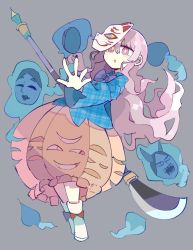 Rule 34 | 1girl, :o, aura, baron (x5qgeh), blue shirt, boots, bow, bowtie, bubble skirt, commentary, fox mask, full body, grey background, hannya, hata no kokoro, highres, leaning back, long hair, mask, mask on head, noh mask, open mouth, orange skirt, parted lips, plaid, plaid shirt, purple bow, purple bowtie, purple eyes, purple hair, shirt, simple background, skirt, solo, symbol-only commentary, touhou, wavy hair, white footwear