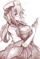 Rule 34 | 1girl, alternate costume, bespectacled, bow, breasts, cleavage, cleavage cutout, clothing cutout, cross, dress, glasses, hair bow, hair tie, hat, heart, huge breasts, jewelry, long hair, looking at viewer, monochrome, mutou kurihito, necklace, nurse, nurse cap, pince-nez, ponytail, solo, syringe, touhou, yagokoro eirin