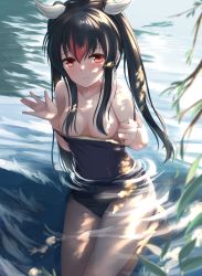 Rule 34 | 1girl, akabane hibame, bare arms, bare shoulders, black hair, black one-piece swimsuit, blush, breasts, breasts out, closed mouth, collarbone, competition school swimsuit, covered navel, day, frown, highres, long hair, looking at viewer, medium breasts, multicolored hair, one-piece swimsuit, original, outdoors, partially submerged, red hair, ripples, school swimsuit, sidelocks, sitting, solo, strap pull, sunlight, swimsuit, thighs, twintails, two-tone hair, water