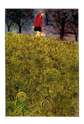 Rule 34 | 1girl, black skirt, border, brown hair, field, full body, grass, guro, itou junji, j-horror, long hair, long sleeves, nature, non-web source, outdoors, page number, plant, profile, red hair, scenery, skirt, solo, spiral, tree, uzumaki, walking, wide shot