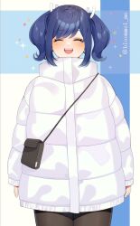 Rule 34 | 1girl, bag, black pants, blue hair, closed eyes, coat, commentary request, cowboy shot, facing viewer, hair ribbon, highres, jacket, kantai collection, kozu (bloomme1 me), long hair, official alternate costume, pants, ribbon, shoulder bag, solo, souryuu (kancolle), standing, straight-on, twintails, twitter username, white jacket, white ribbon, winter clothes, winter coat