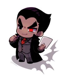 Rule 34 | 1boy, black eyes, black footwear, black hair, black shirt, chibi, closed mouth, collared shirt, different shadow, facial scar, full body, grey jacket, grey pants, highres, holding, holding paper, holding pen, jacket, kotorai, male focus, mishima kazuya, necktie, no nose, pants, paper, pen, red eyes, red necktie, scar, scar on cheek, scar on face, shirt, sideburns, signature, simple background, smile, solo, standing, tekken, thick eyebrows, v-shaped eyebrows, white background
