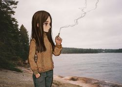 Rule 34 | 1girl, black hair, black pants, brown eyes, brown sweater, cigarette, cloud, cloudy sky, day, denim, emanon (character), forest, freckles, grey sky, hand in pocket, holding, holding cigarette, io (onisarashi), jeans, lake, long hair, long sleeves, looking away, memories of emanon, mouth hold, nature, negative space, outdoors, pants, parted bangs, photo (medium), photo background, sky, smoke, smoking, solo, standing, sweater, tree, turtleneck