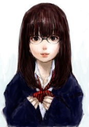 Rule 34 | 1girl, black eyes, brown hair, glasses, lips, long hair, long sleeves, looking at viewer, original, parted lips, ponsuke (pon00000), sleeves past wrists, solo, upper body, white background